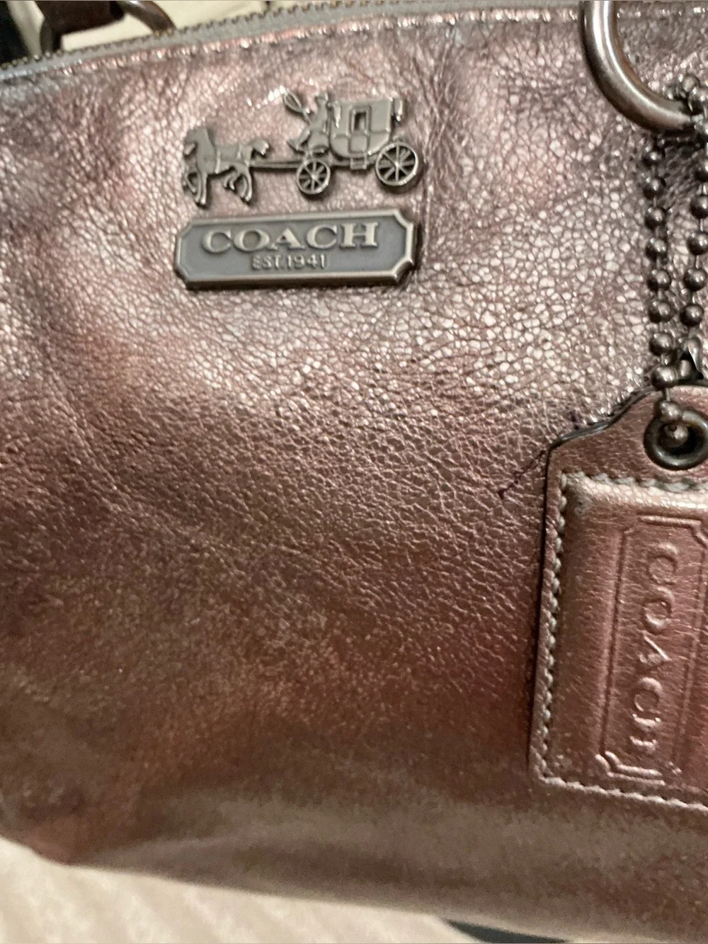 Coach Madison Metallic Bronze Leather Maggie Satchel Carryall Shoulder Bag